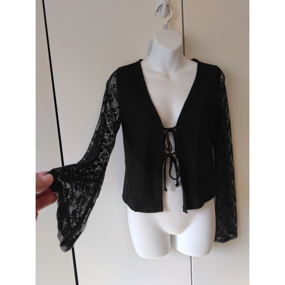 Womens Floral Lace Tie Front Flare Sleeve Crop Top Size S Y2K Grunge Whimsigoth